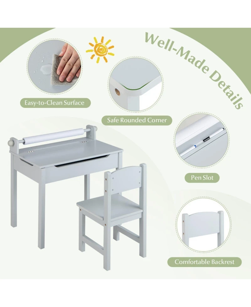 Gouun Wooden Kids Activity Table and Chair Set with Paper Roll Holder and Storage