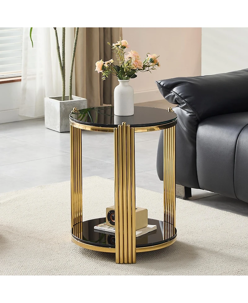 Flynama 16.9" Double-Layer Tempered Glass and Gold Steel End Table