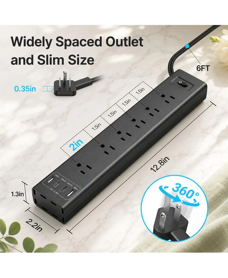Lofree 360 Mountable Flat-Plug 6-Outlet Surge Protector for Usb-a and Usb-c Devices