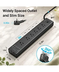 Lofree 360 Mountable Flat-Plug 6-Outlet Surge Protector for Usb-a and Usb-c Devices
