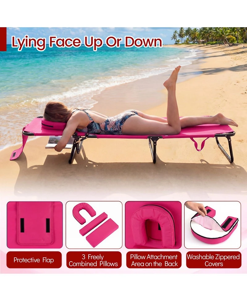 Gouun Set of 2 Folding Face Down Tanning Chair with Face Hole and 3 Removable Pillows