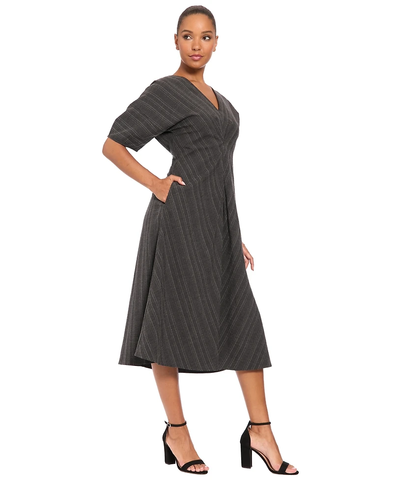 Luxely Women's 3/4 Puff-Sleeve V-Neck Striped Fit-and-Flare Midi Dress