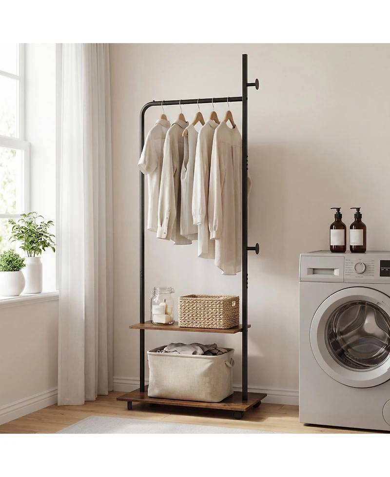 Costway Clothing Rack with Wheels, Wooden Garment Rack with Hanging Rod
