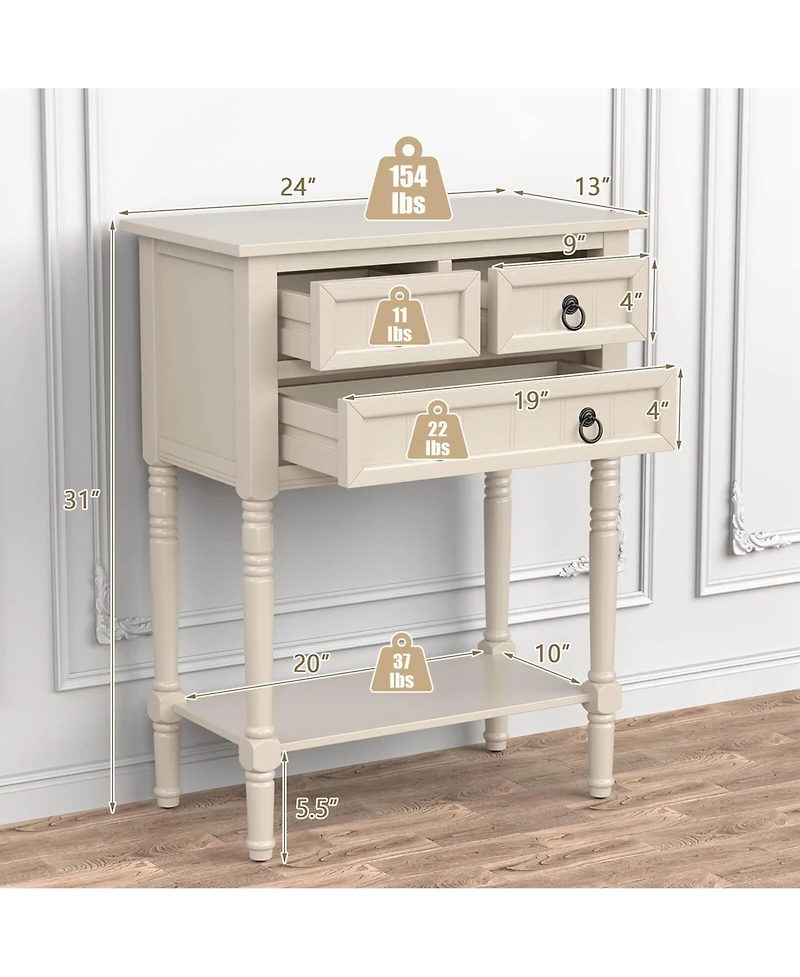 Costway Console Entryway Table with 3 Drawers Open Shelf for Hallway Living Room