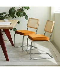 Flynama Set of 2 Velvet Rattan Cantilever, Tubular Steel Breuer Stackable Side Dining Chairs