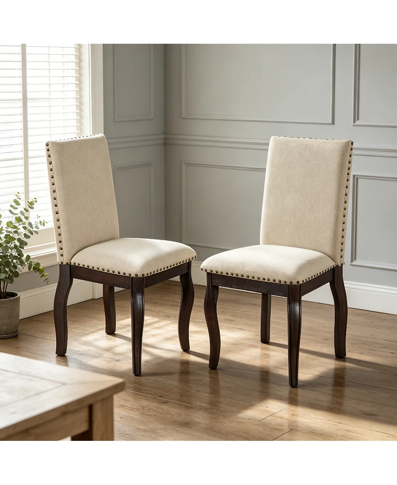 Flynama Set of 2 Upholstered with Rubber Wood Frame, Nailhead Trim Dining Chairs
