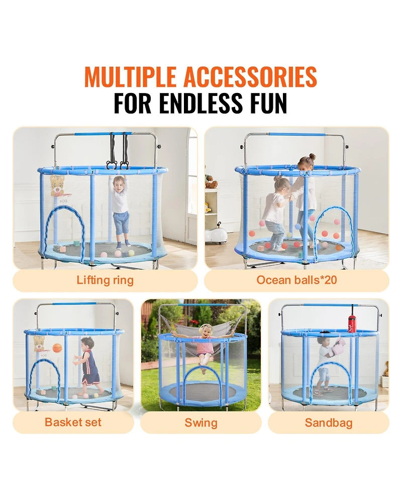Sugift 55 Inch Indoor/Outdoor Trampoline with Safety Enclosure Net and Basketball Hoop, Ages 3-12
