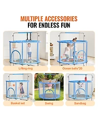 Sugift 55 Inch Indoor/Outdoor Trampoline with Safety Enclosure Net and Basketball Hoop, Ages 3-12