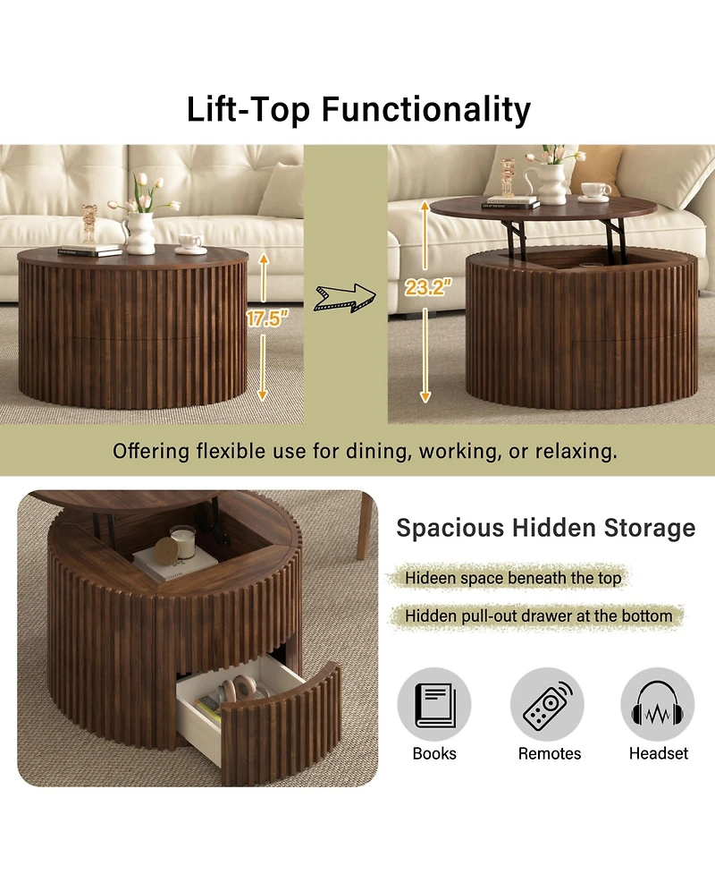 Flynama Round Lift Top Fluted Coffee Table, Solid Wood and Mdf Accent Table with Hidden Storage Drawer