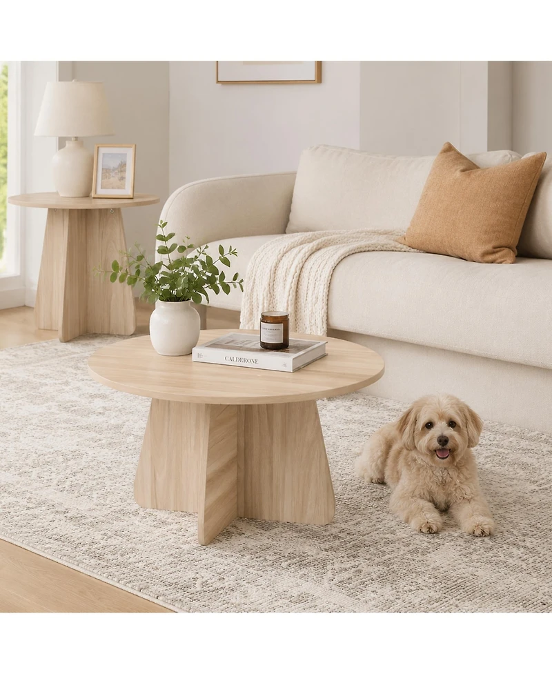 Flynama Retro Nesting Coffee Table Set Natural Round Cross Base