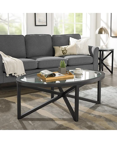 Flynama 46.5 Inch Round Tempered Glass Coffee Table, Solid Wood Base Anti-Scratch Accent Table for Living Room and Terrace