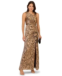 Adrianna Papell Women's Asymmetrical-Neck Metallic-Crinkle Wedding Guest Long Dress