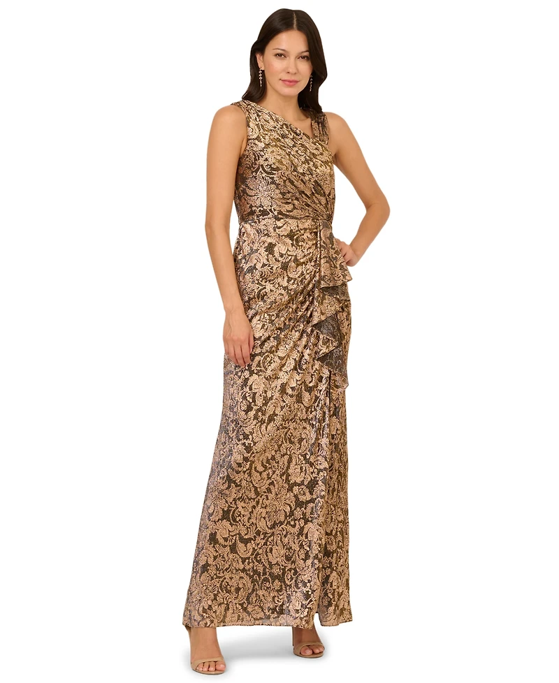 Adrianna Papell Women's Asymmetrical-Neck Metallic-Crinkle Wedding Guest Long Dress