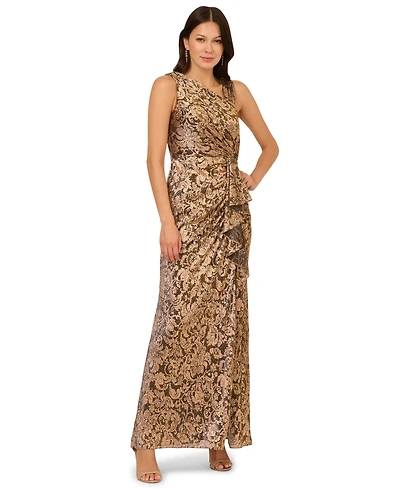 Adrianna Papell Women's Asymmetrical-Neck Metallic-Crinkle Wedding Guest Long Dress