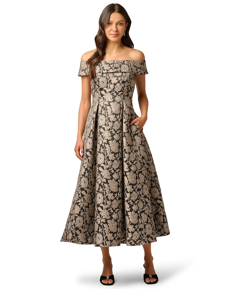 Adrianna Papell Women's Off-the-Shoulder Floral-Print Jacquard Midi Dress