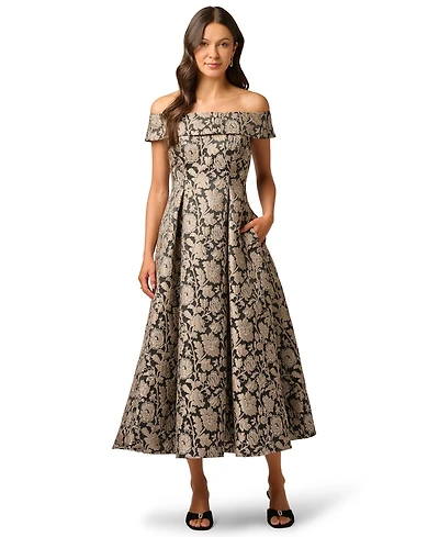 Adrianna Papell Women's Off-the-Shoulder Floral-Print Jacquard Midi Dress