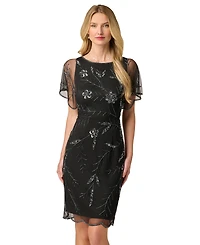 Adrianna Papell Women's Sheer-Flutter-Sleeve Floral-Print Beaded Dress