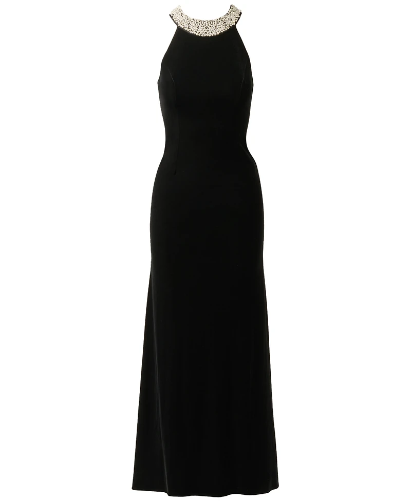 Adrianna Papell Women's Pearly Collar Velvet Halter Gown