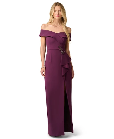 Adrianna Papell Women's Off-the-Shoulder Column Ruffle Gown