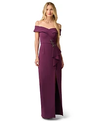 Adrianna Papell Women's Off-the-Shoulder Column Ruffle Gown