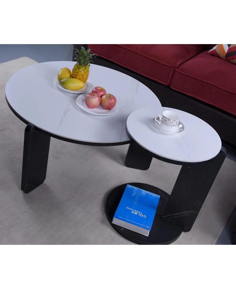 Flynama Set of 2 Round Nesting Coffee Tables, Sintered Stone Top and Mdf Frame, 32.68"+16.93" for Small Spaces