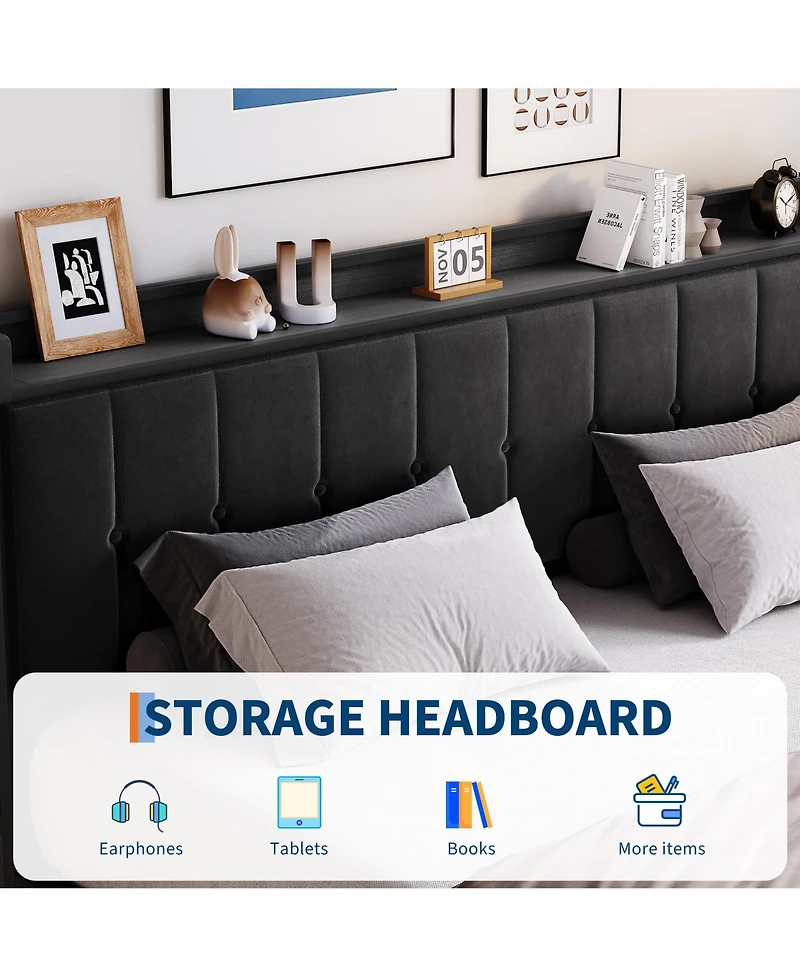 Gaomon King Bed Frame with Lift Up Storage, Bed with Storage Headboard and Charging Station, Metal Platform Bed .