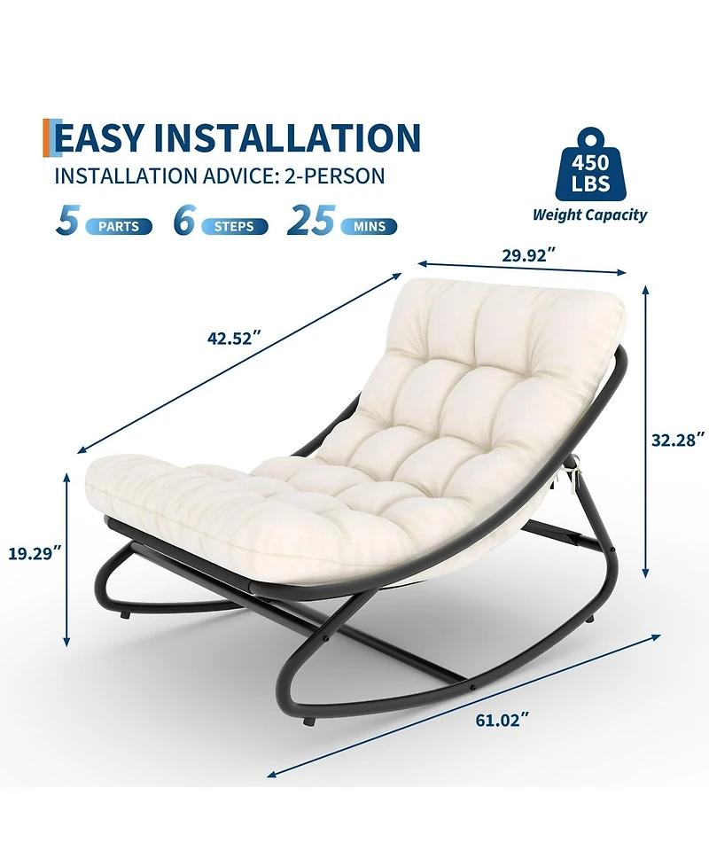 homfan Oversized Patio Rocking Chair Heavy Duty Metal Frame with Thick Removable Cushion 400 lbs Capacity Outdoor Lounge Rocker for Porch Balcony