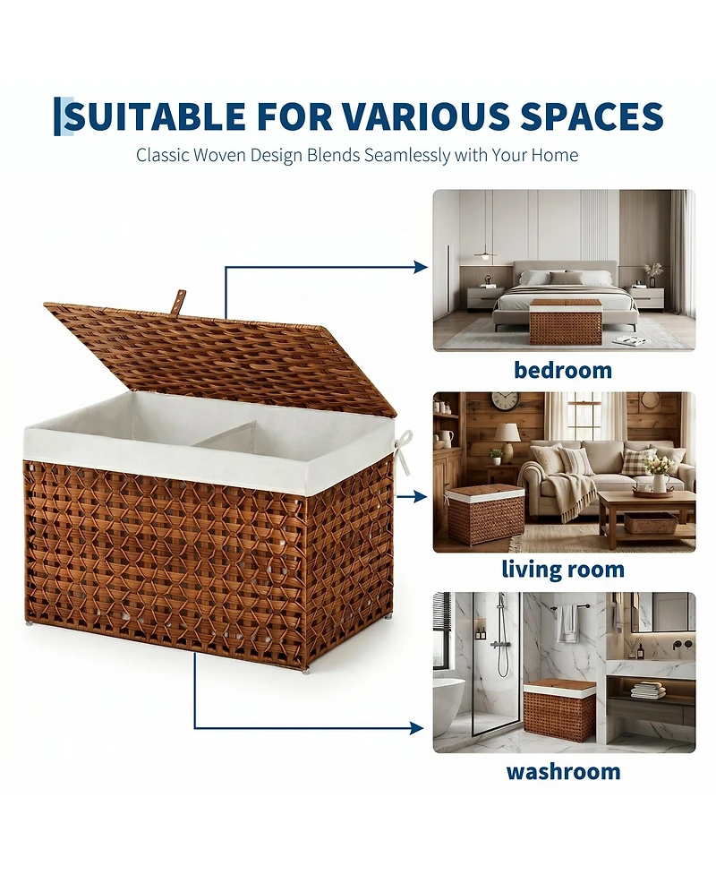 homfan Pe Rattan Storage Basket with Lid and Removable Liner, Divided Large Capacity Organizer Bin, for Bedroom, Living Room, Bathroom