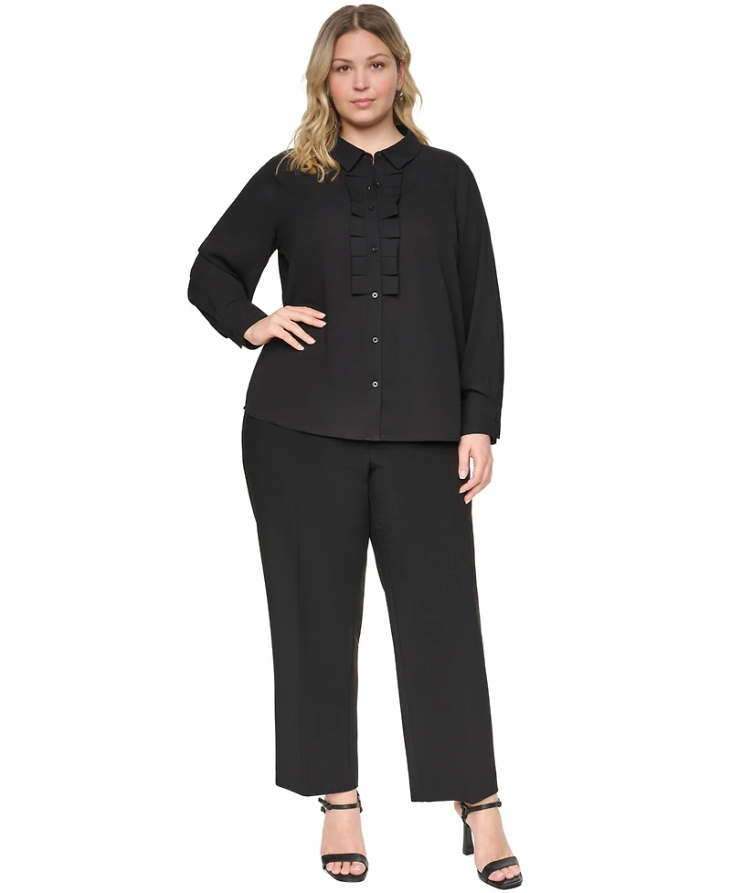 Karl Lagerfeld Paris Plus Long-Sleeve Collared Pleated Blouse