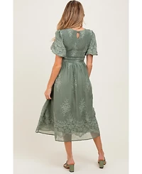 Pinkblush Women's Light Olive Floral Lace Smocked Midi Dress