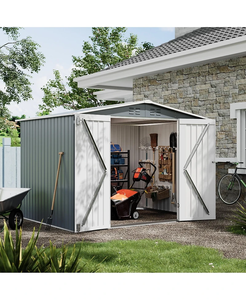 8 x 6 ft Outdoor Storage Shed with A-Frame Roof and Double Hinged Doors, Iron Tool House for Backyard Garden Patio, Gray