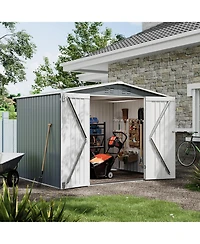 8 x 6 ft Outdoor Storage Shed with A-Frame Roof and Double Hinged Doors, Iron Tool House for Backyard Garden Patio, Gray