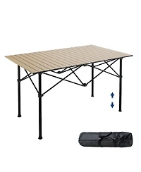 Portable Folding Aluminum Camping Table with X-Frame, Heat Resistant and Easy Clean, Natural Color