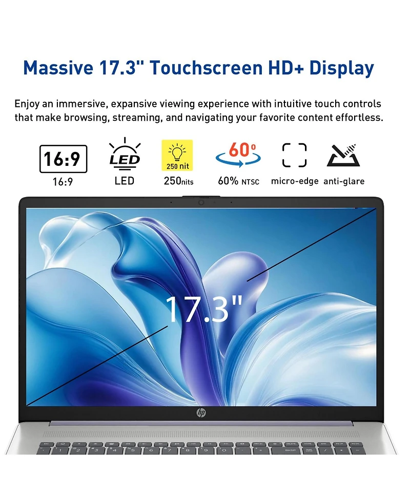 Hp Essential 17.3" Hd+ Touchscreen Laptop, Intel N100 Quad-Core, 8GB DDR4, 128GB eMMC, Wi-Fi 6, Windows 11 Home, Blue