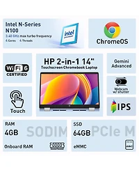 Hp Essential 14" Hd Touchscreen 2-in-1 Laptop, Intel N-Series N100, Intel Uhd Graphics, 4GB Ram, 64GB eMMC, Wi-Fi 6, Chrome Os, Blue