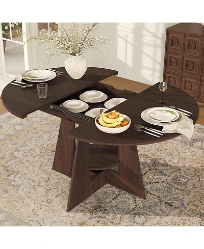 43.3"-59" Convertible Dining Table, Extendable Round to Oval Table Seating 4-8, Pedestal Base with Open Storage Shelf, Compact Furniture for Kitchen