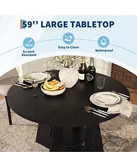 59'' Oval Dining Table with Built-In Storage Shelf, Pedestal Base Dining Furniture Accommodating 4-8 Diners, Storage Table for Kitchen, Dining Room