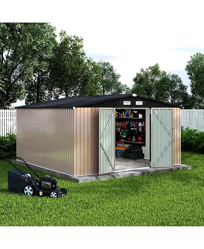 12x12 Ft Outdoor Storage Shed, Color Steel Construction with Vent and Lock for Backyard Garden Tool Organization, Black and Brown