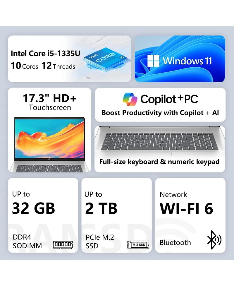 Hp Essential 17.3" Touchscreen Business Laptop, Intel Core i5-1335U, Intel Iris Graphics, 16GB DDR4, 512GB Ssd, Wi-Fi 6, Windows 11 Pro, Silver