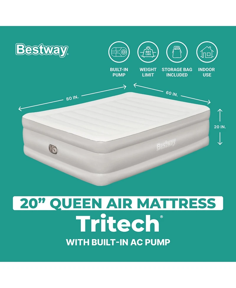 Bestway Tritech 20" Queen Air Mattress, Airbed with Built-in Ac Pump, Warm Gray
