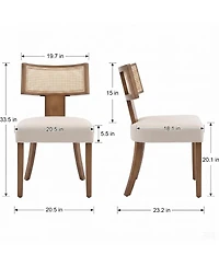 4 Set of Modern Rattan Dining Chairs, Linen Upholstered Ergonomic Chairs with Curved Backrest and Wooden Legs, Mid-Century Farmhouse Seating for Home