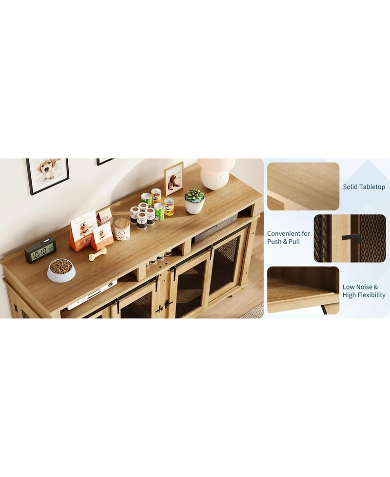Double Dog Crate Furniture, 71 Inch Extra Large Wooden Heavy Duty Indoor Pet Kennel with Sliding Barn Door, Removable Divider, Tv Stand End Table