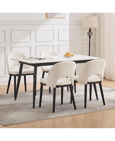 Wooden Dining Chairs Set of 4 Upholstered Dining Chair, Modern Linen Fabric Hollowed Dinner Chair with Leveling Pegs Curved Back for Dining Room