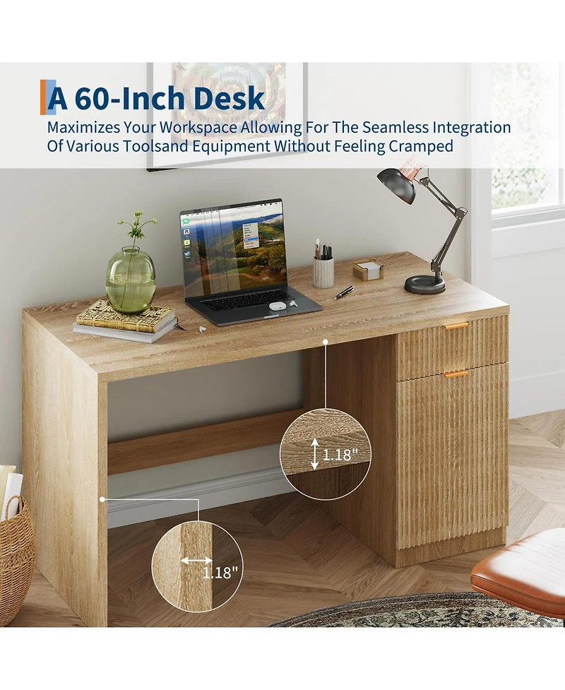 Executive Office Desk, 60 Inch Computer Writing Workstation with Drawer, Storage Cabinet for Home Office, Study, Bedroom, Natural Oak