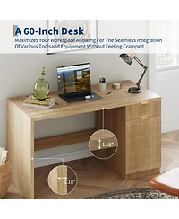 Executive Office Desk, 60 Inch Computer Writing Workstation with Drawer, Storage Cabinet for Home Office, Study, Bedroom, Natural Oak
