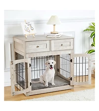 Medium/Large Engineered Wood Dog Crate Furniture, Indoor Dog Kennel Cage with Metal Double Doors, Decorative Pet End Table for Living Room