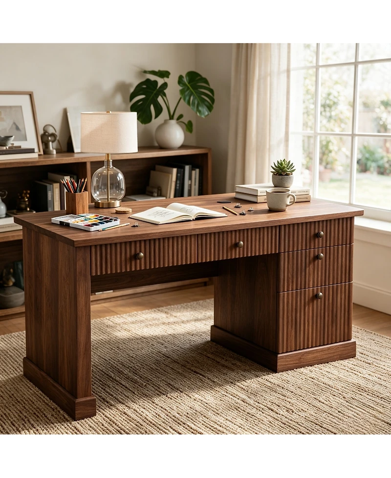 54" Fluted Home Office Desk with File Drawer, Charging Station, Modern Executive Computer Writing Desk for Study Room