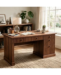 54" Fluted Home Office Desk with File Drawer, Charging Station, Modern Executive Computer Writing Desk for Study Room