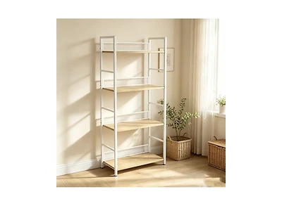4-Tier Industrial Bookshelf, Metal and Wood Freestanding Open Display Rack with Anti-Fall Mesh Guard, Anti-Tip Kit for Home Office Bedroom Living Room