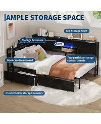 Twin Corner Bed Frame with Storage Bookcase, Metal Platform Bed Frame with Led Lights, Charging Station, Storage Drawers, Black